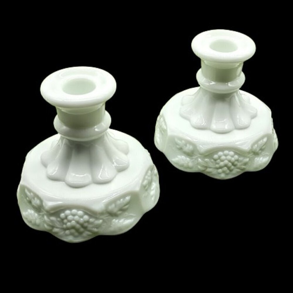 Vintage Westmoreland White Milk Glass Grape Leaves Candle Holders (2)